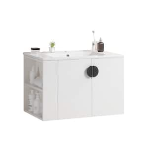 30 in. W Single Sinks Wall Mounted Bath Vanity in White with White Ceramic Top and Left Side Shelf