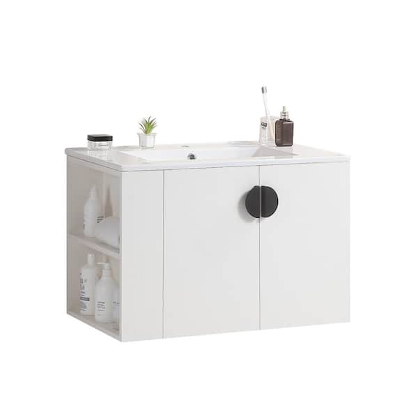 Dimakai 30 in. W Single Sinks Wall Mounted Bath Vanity in White with White Ceramic Top and Left Side Shelf