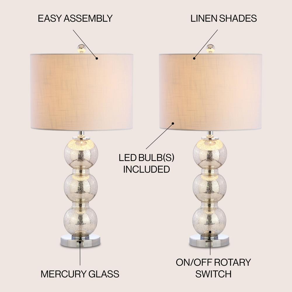 Mercury Silver Glass Triple-Sphere Table Lamp Set with Linen Shade