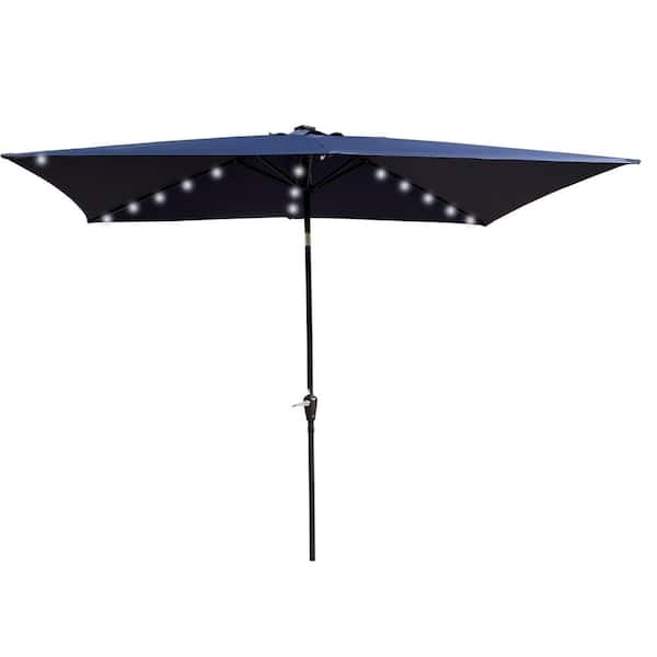 Angel Sar 10 ft. x 6.5 ft. Rectangular Patio Solar LED Lighted Outdoor Market Umbrellas with Crank in Navy Blue