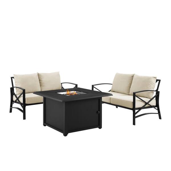 CROSLEY FURNITURE Kaplan Oil Rubbed Bronze 3-Piece Metal Patio Fire Pit Set with Oatmeal Cushions