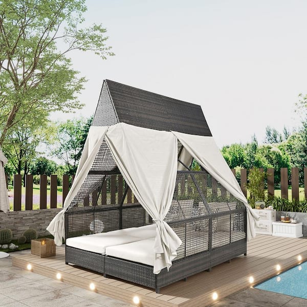grossag Wicker Outdoor Day Bed with Adjustable Backrest, Outdoor Double Sun Lounger with Curtains and 4-Pillows, Beige Cushions