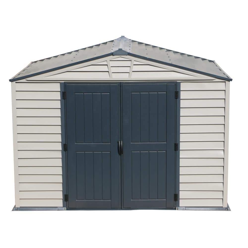 Gray 8' x 10' Vinyl Storage Shed with Shelving and Windows