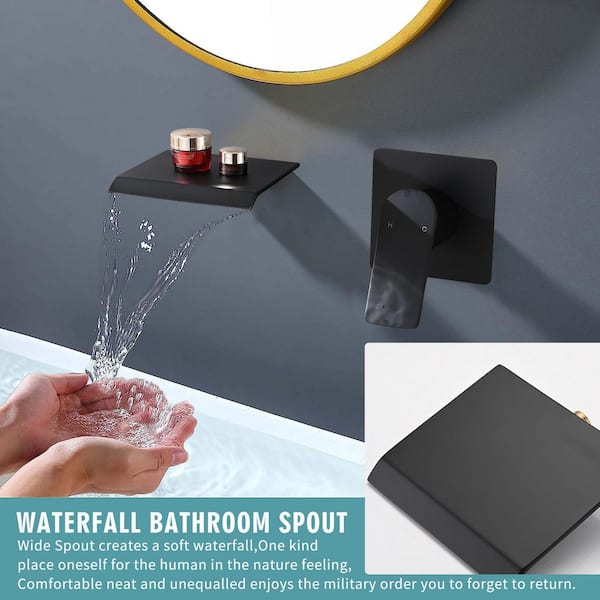 Wall Mount Bathtub Faucet Waterfall Spout Single Handle Bathroom Sink Tub Filler with Rough-In Valve, Matte Black