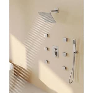 10 in. 3-Spray Square Wall Bar Shower Kit with Hand Shower, 6 Body Jets in Brushed Nickel (Valve Included)