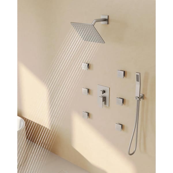 GRANDJOY 10 in. 3-Spray Square Wall Bar Shower Kit with Hand Shower, 6 Body Jets in Brushed Nickel (Valve Included)