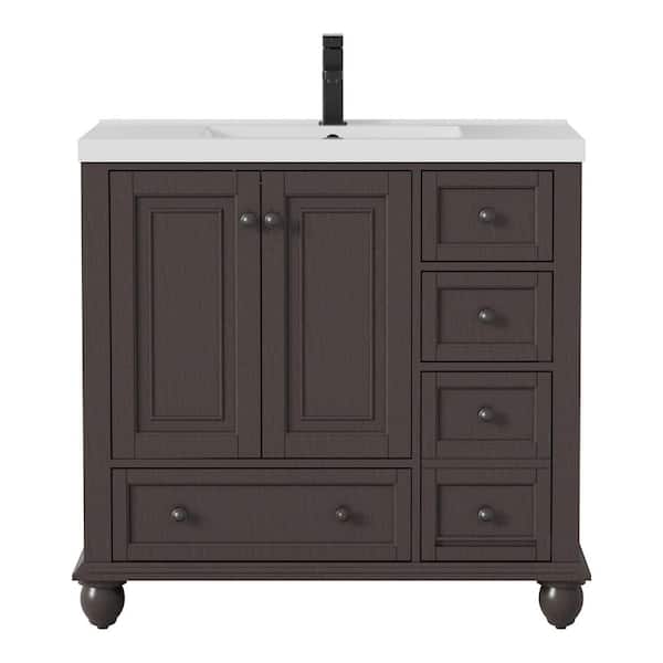 36 in. W x 18.1 in. D Single Sink Freestanding Walnut Bath Vanity with White Integrated Resin Top and Drain Faucet Set