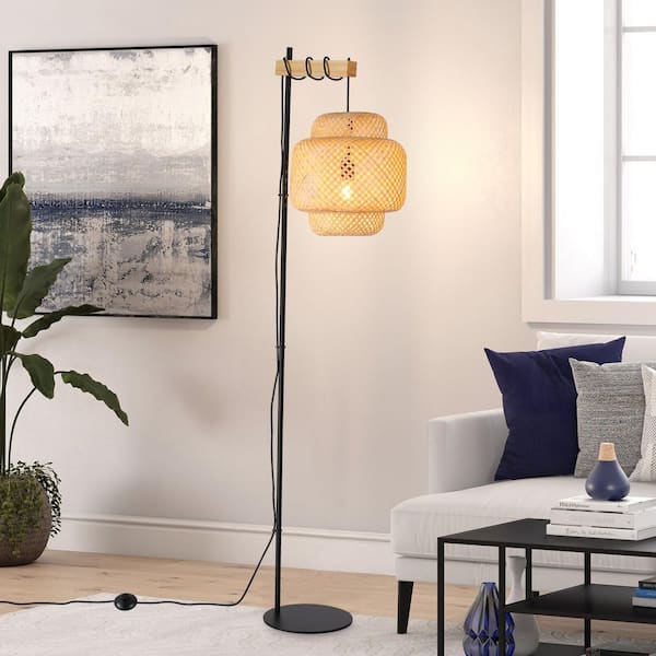 Zompoo Modern 61 in. 1-Light Black Wood Metal Standard Floor Lamp for Living Room with Bamboo Shade, Foot Switch