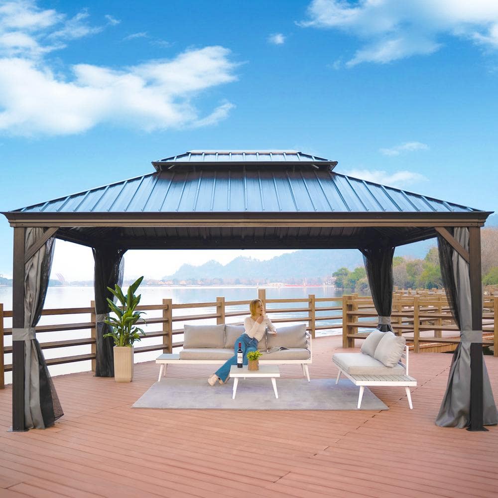 Gray Aluminum Hardtop Gazebo with Curtains and Netting, 12' x 16'