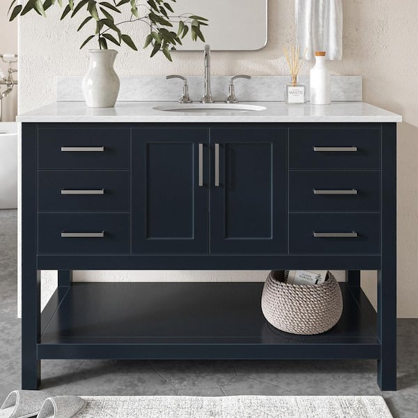 ARIEL Magnolia 48 in. W x 22 in. D x 36 in. H Bath Vanity in Midnight Blue with White Marble Vanity Top with White Basin