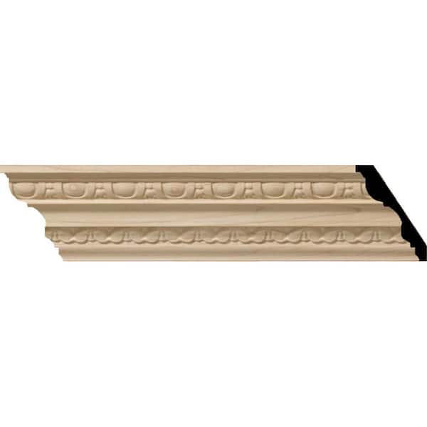 Ekena Millwork 2-1/4 in. x 94-1/2 in. x 3 in. Unfinished Wood Cherry Bedford Carved Crown Moulding