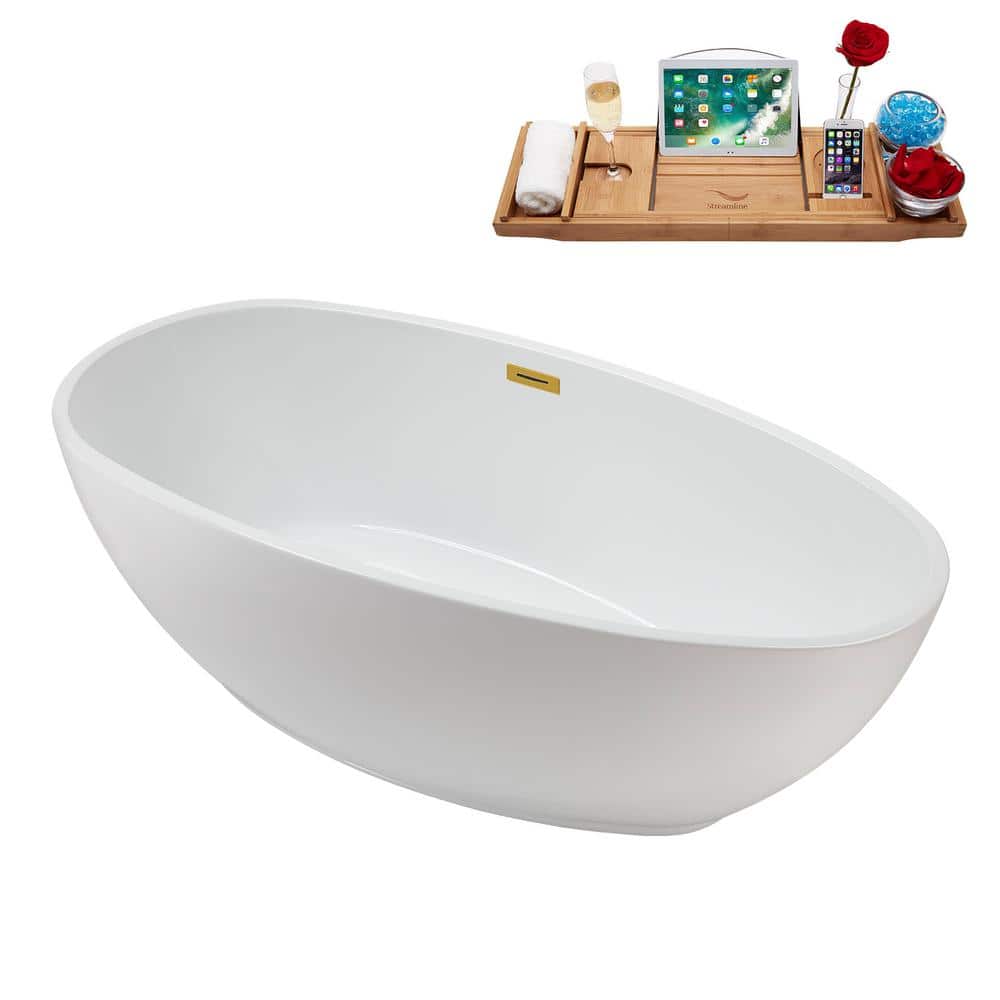 67" Glossy White Acrylic Freestanding Soaking Bathtub with Polished Gold Trim