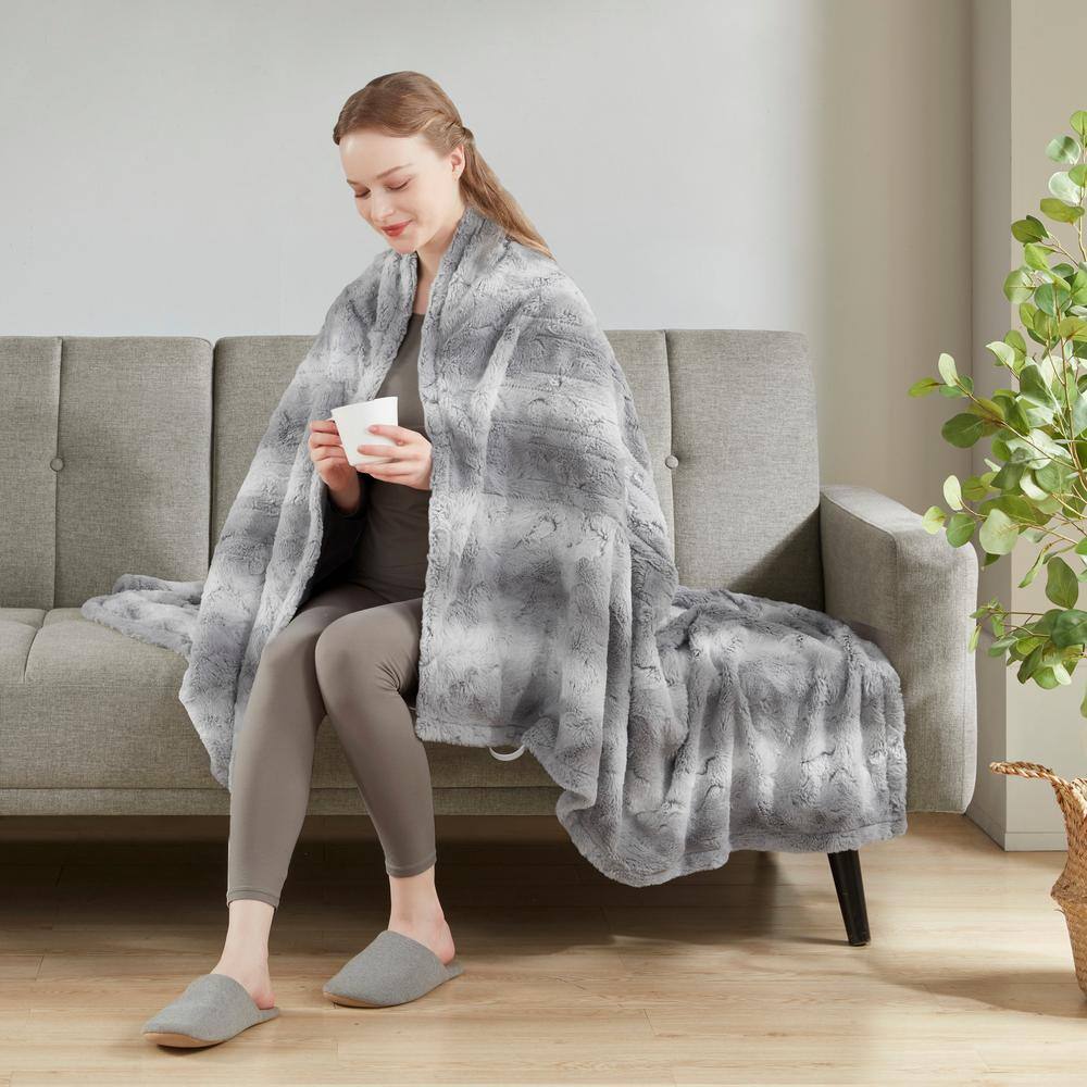 Gray Faux Fur Reversible Heated Electric Throw Blanket