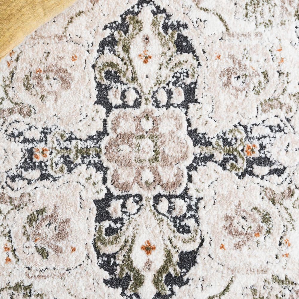 Green and Beige Round Synthetic Medallion Area Rug, 6'7"