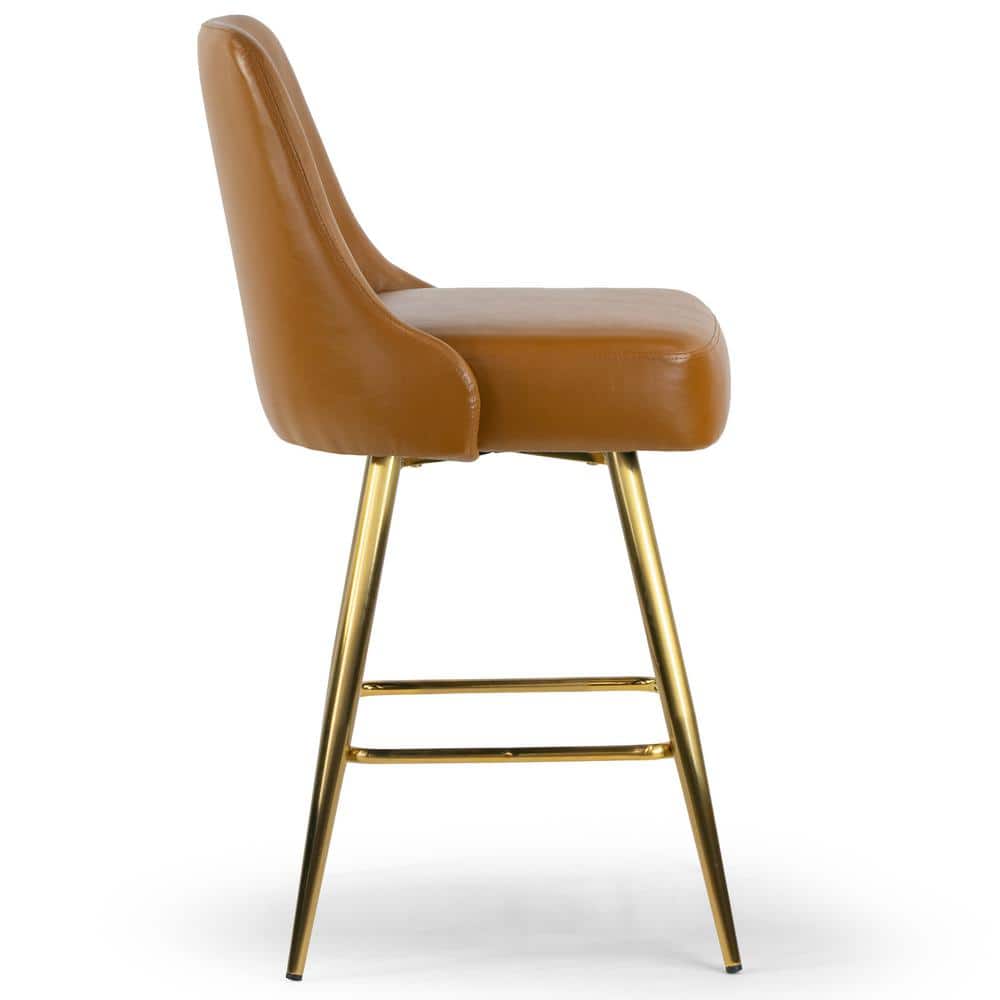Set of 2 Light Brown Upholstered Iron Frame Counter Stools with Golden Legs