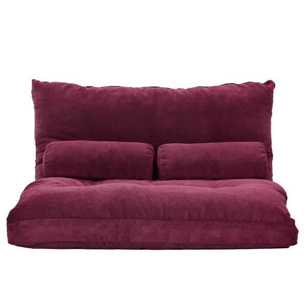 Burgundy Lazy Sofa Adjustable Folding Futon Sofa With Two Pillows