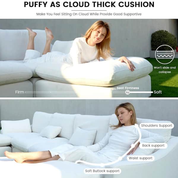 Modular 119 in. Down Filled Linen Large 3-Seat Sofa Solid Wood Cloud Couch Sectional in White with Ottoman for Apartment