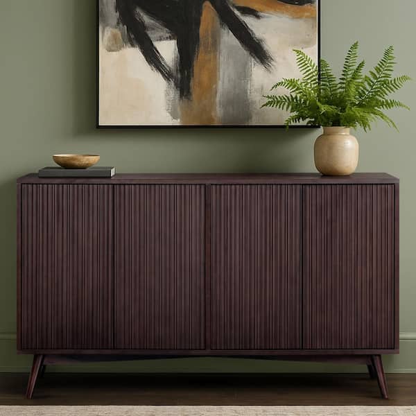 Teamson Home Tremolo Modern Boho 4-Door Sideboard with Adjustable Shelves, Push-Open Design, Solid Wood & Fluted Fronts