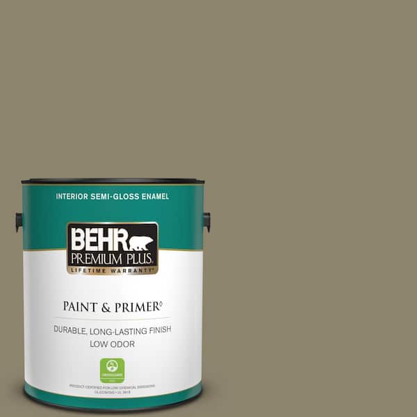 BEHR PREMIUM PLUS 1 gal. #ECC-55-3 Olive Sprig Semi-Gloss Enamel Low Odor Interior Paint & Primer