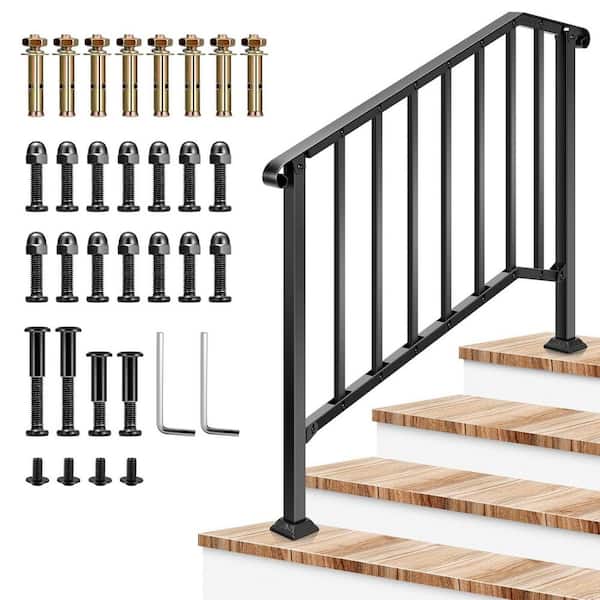 4-Step 36 in. H x 54 in. W Black Wrought Mattle Iron Stair Railing Kit with Curved Ends and Balusters