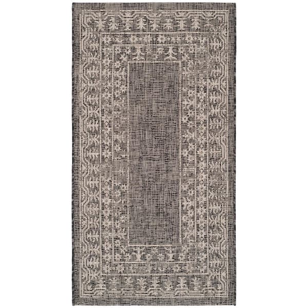 Courtyard Black/Beige 3 ft. x 5 ft. Border Ornate Indoor/Outdoor Area Rug