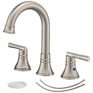 8 in. Widespread Double Handle High Arc Bathroom Faucet with Drain Kit Included in Brushed Nickel