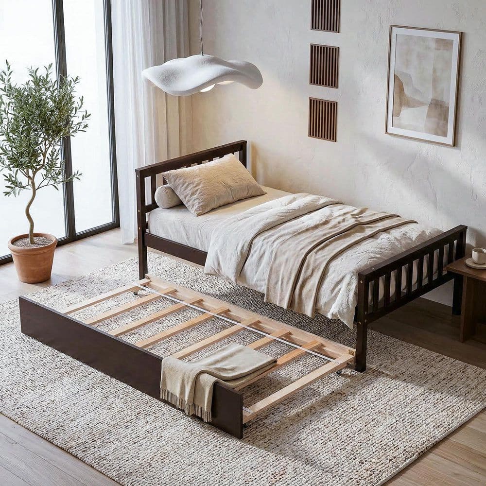 VECELO Solid Rubberwood Brown Wood Frame Twin Platform Bed with