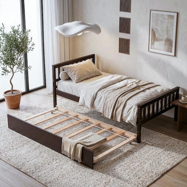 VECELO Solid Rubberwood Brown Wood Frame Twin Platform Bed with