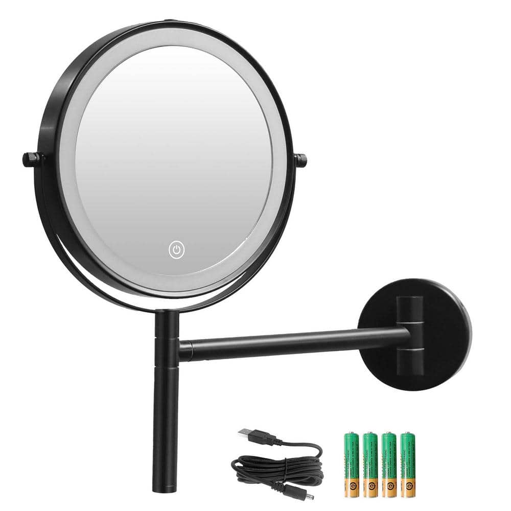 8 in. W x 8 in. H Round Framed Wall Bathroom Vanity Mirror in Black, Lighte