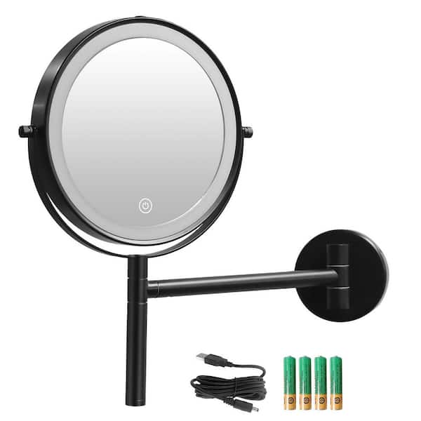 Unbranded 8 in. W x 8 in. H Round Framed Wall Bathroom Vanity Mirror in Black, Lighted 10X Magnifying Makeup Mirror, Hotel