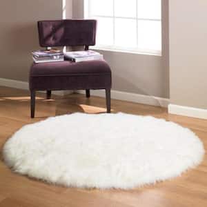 White Made in France 5 ft. x 5 ft. Luxuriously Soft and Eco Friendly Round Faux Fur Area Rug