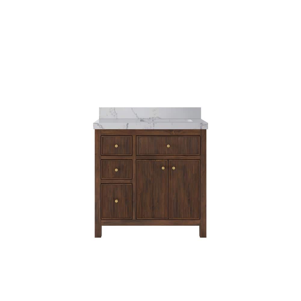 Sonoma Teak 36 in. Right Offset Sink Freestanding Dark Walnut Bath Vanity with Venatino Qt. Top Unassembled price history on PriceWatchPro