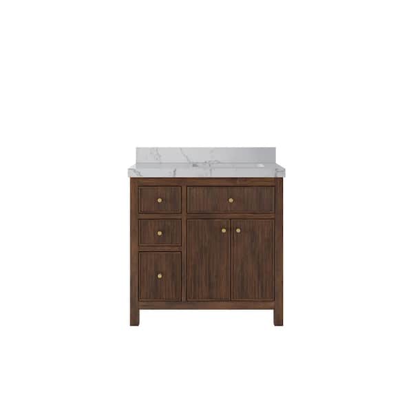 Willow Collections Sonoma Teak 36 in. Right Offset Sink Freestanding Dark Walnut Bath Vanity with Venatino Qt. Top Unassembled