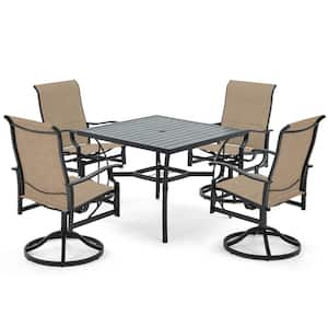 5-Piece Patio Dining Table Set for 4 with Swivel Chairs and Square Table with Umbrella Hole, Brown