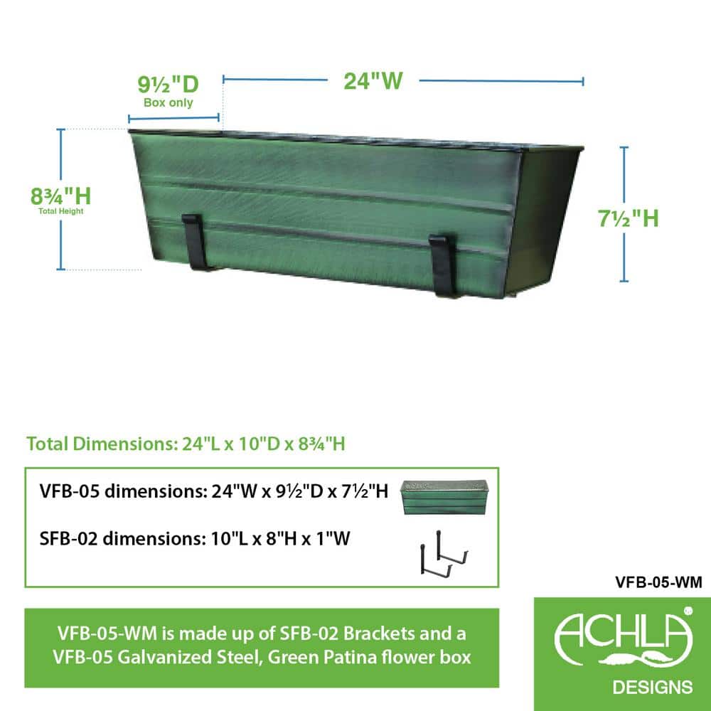Medium Green Galvanized Flower Box with Black Wall Brackets
