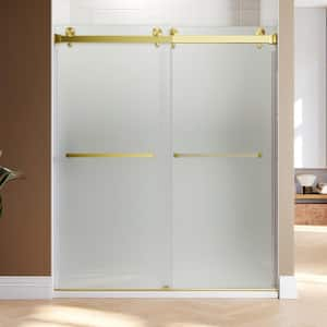 UKD01 56 to 60 in. W x 80 in. H Double Sliding Frameless Shower Door in Satin Brass EnduroShield 3/8 in. Acid-Etch Glass