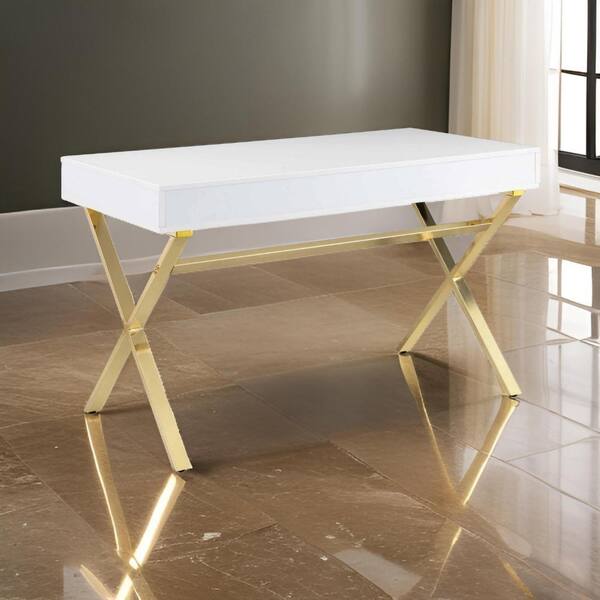 Benjara Gracie 47 in. Rectangular White Wood 2-Drawer Desk with Gold Metal Legs