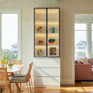 White 92.5 in. Accent Storage Cabinet with 4-Shelves, 3-Drawers, 3-Color LED Lighting, and Glass Doors for Home Display
