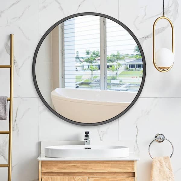 waterpar 30-in x 30-in Matte Black Round Flat Bathroom Vanity Mirror in the  Bathroom Mirrors department at