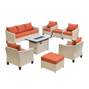 Oconee Beige 8-Piece Wicker Outdoor Rectangular Fire Pit Patio Conversation Sofa Seating Set with Orange Red Cushions