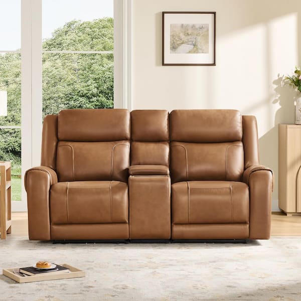 Carter 74.02 in. Dual Motors Wall Hugger Leather Power Reclining Sofa in Saddle with Cup Holders, Pockets, Console