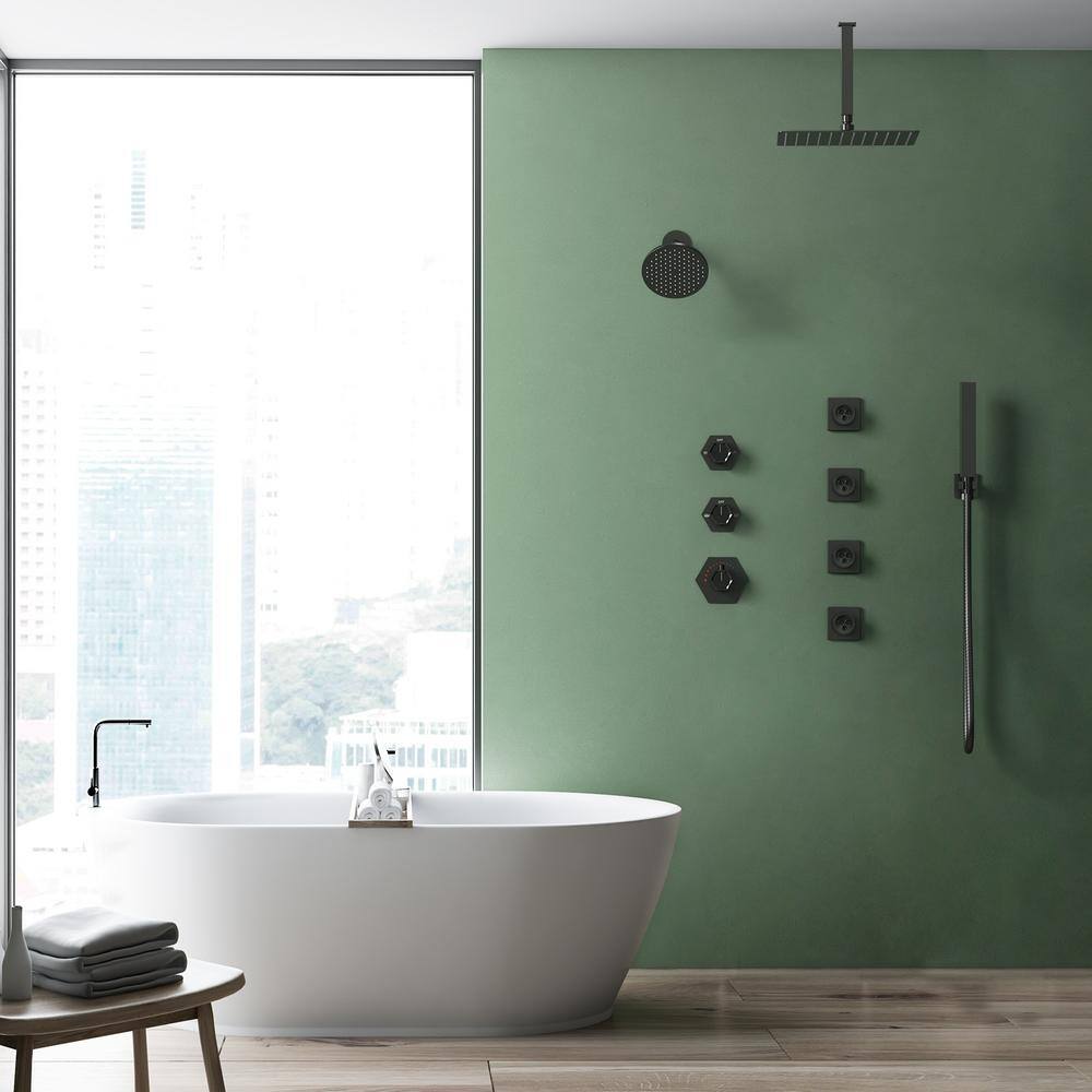 Matte Black Large Square Brass Ceiling Mounted Shower System
