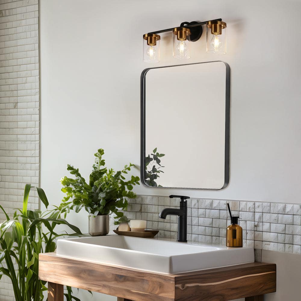 23.6" Black and Brass Metal Vanity Light with Clear Glass Cylinder Shades