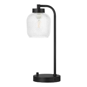 Brace 17.75 in. Black Modern Task and Reading Desk Lamp with AC Outlet and Prismatic Glass Shade