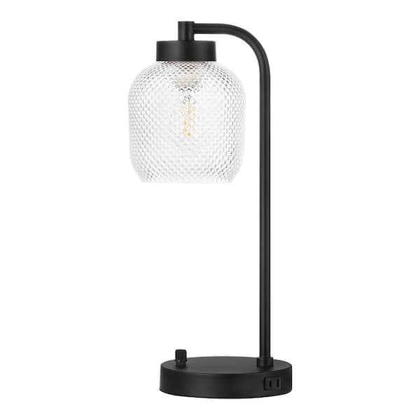 Hampton Bay Brace 17.75 in. Black Modern Task and Reading Desk Lamp with AC Outlet and Prismatic Glass Shade