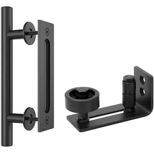 12 in. Matte Black Ladder Pull and Flush Sliding Barn Door Handle with Floor Guide