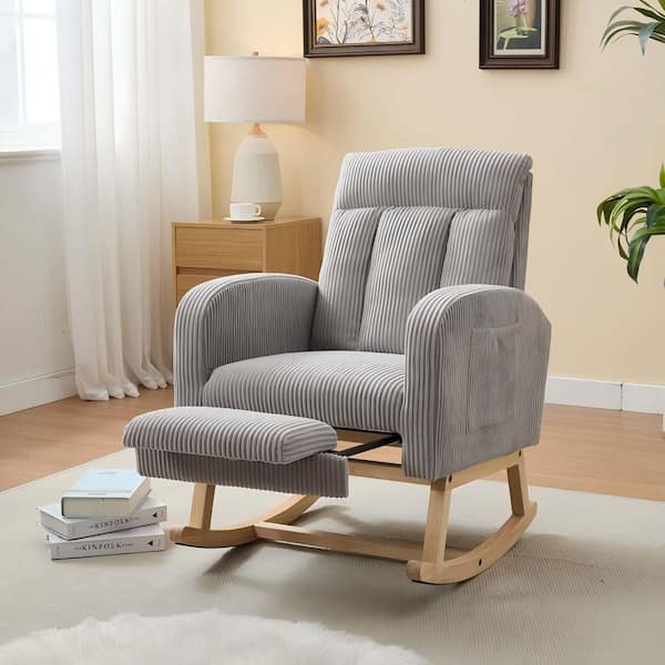 Unbranded Light Gray Stripe Velevt Modern Rocking Chair Upholstered Lounge Arm Chair with High Backrest and Side Pocket