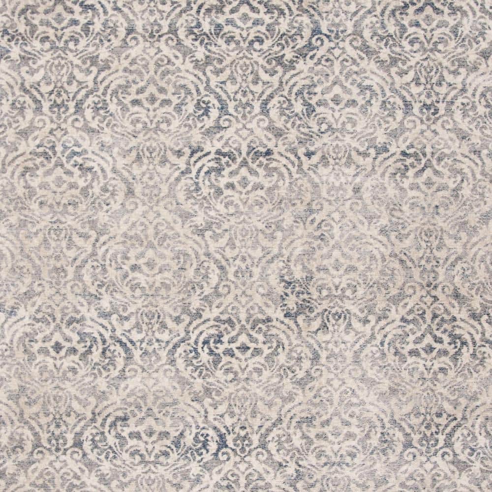 Light Grey and Blue Damask Synthetic Area Rug, 9' x 12'