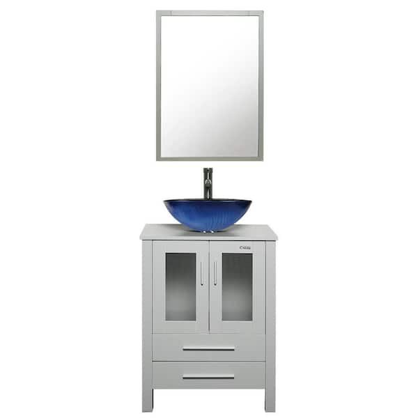 eclife 24 in. W x 20 in. D x 32 in. H Single Sink Bath Vanity in Grey with Blue Vessel Sink Top ORB Faucet and Mirror