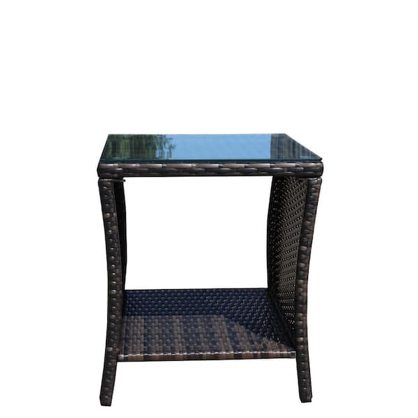cenadinz Brown Square Wicker 21 in. H Outdoor Coffee Table with Clear Tempered Glass